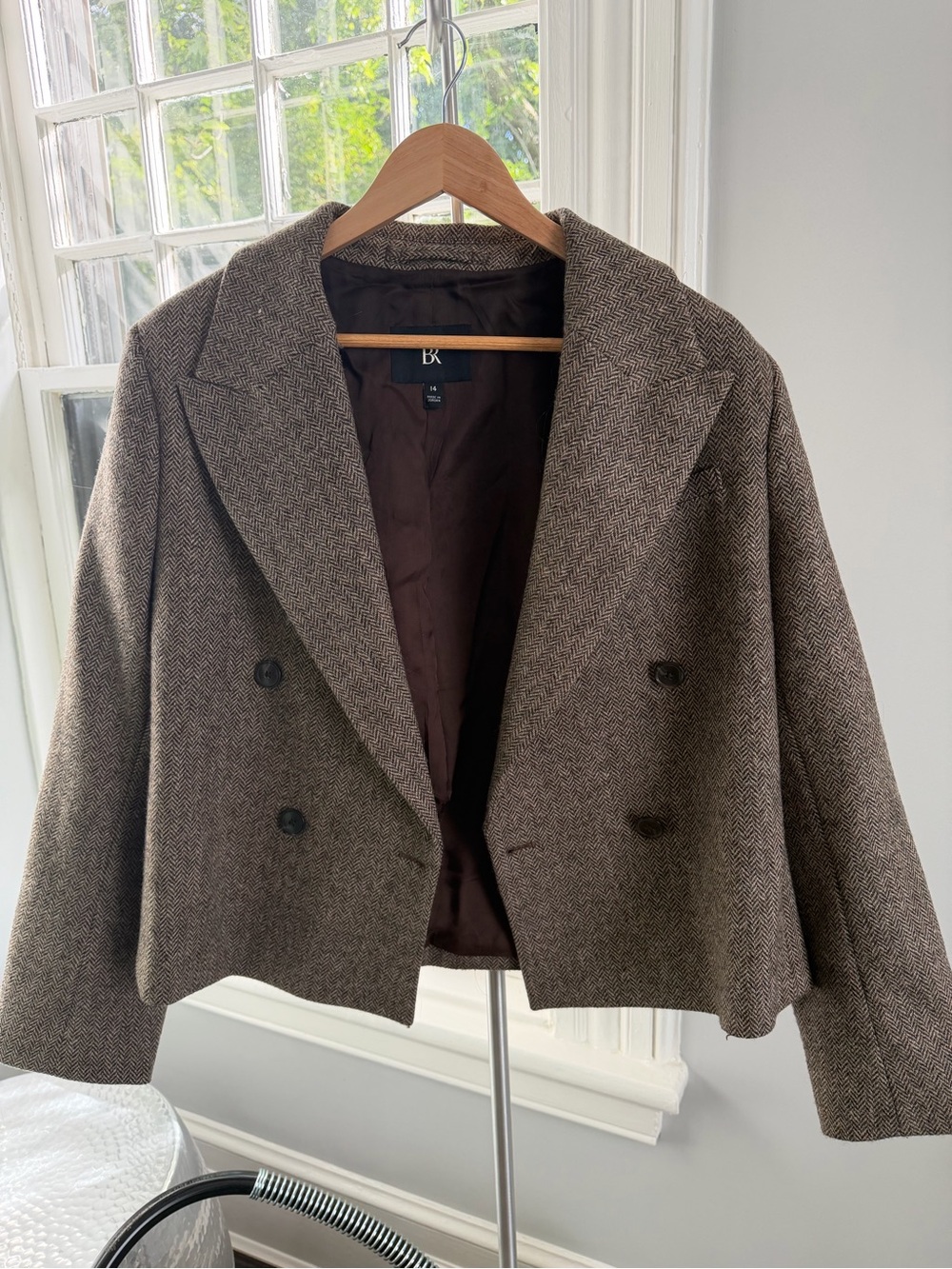 Wool Brown Herringbone Cropped Blazer